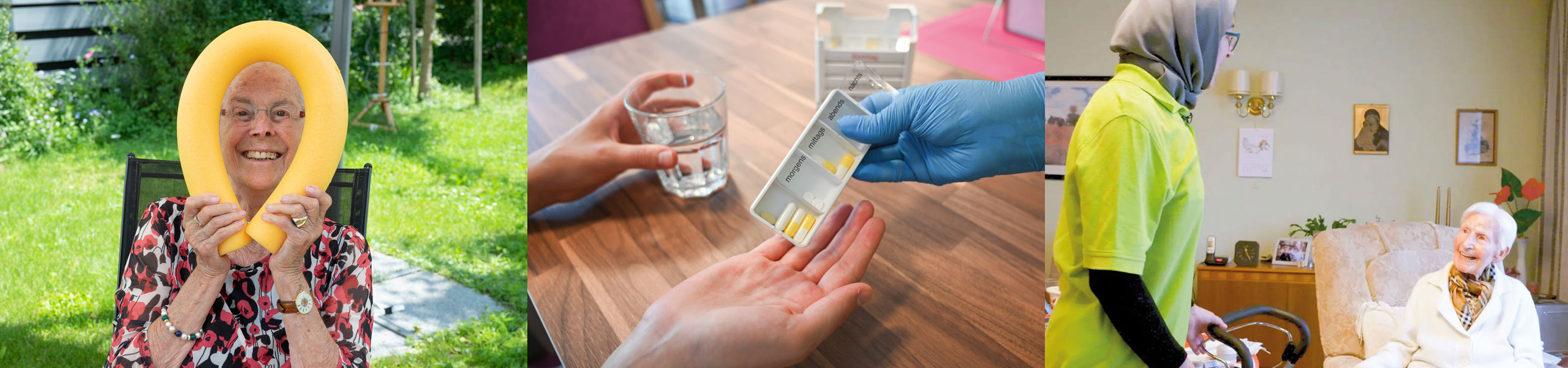 Bildkombination aus verschiedenen Pflegesituationen aus der Tages-, Ambulanten und Stationären Pflege